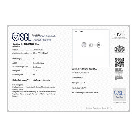 LUXURIANT DIAMOND - Lab Grown SGL zertifiziert Diamant VS-GH Ohrringe 925 Silber rhodiniert ca. 0.50 ct