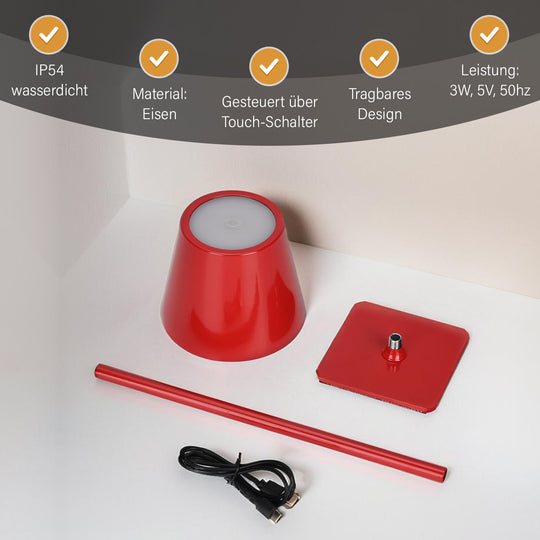 Elegante kabellose Tischlampe mit Touch-Steuerung - 3 Farben, Rot, 11x37cm