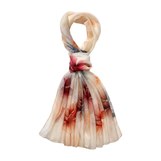 LA MAREY printed scarfMaterial:70% merino wool 30% mulberry silksize::70cm*190cmWeight : 57gyelow besed with red floral