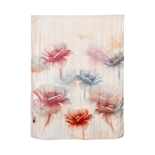 LA MAREY printed scarfMaterial:70% merino wool 30% mulberry silksize::70cm*190cmWeight : 57gyelow besed with red floral