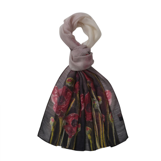 LA MAREY printed scarfMaterial:70% merino wool 30% mulberry silksize::70cm*190cmWeight : 57gyelow besed with red floral