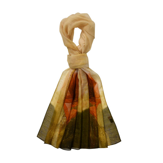LA MAREY printed scarfMaterial:70% merino wool 30% mulberry silksize::70cm*190cmWeight : 57gyelow besed with red floral
