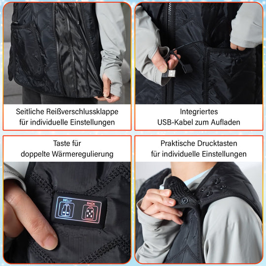 Größenverstellbare Heizweste, 7 Zonen temperaturverstellbar, inkl. 5000 mAh Powerbank, schwarz
