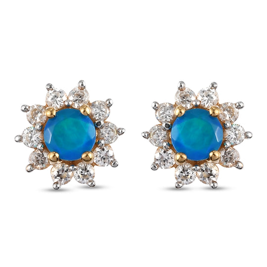 Miami Blau Welo Opal und Zirkon Ohrstecker 925 Silber vergoldet ca. 0,93 ct