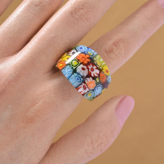 Mehrfarbiges Murano-Stil Glas Ring 316L Edelstahl (Größe 17.00)