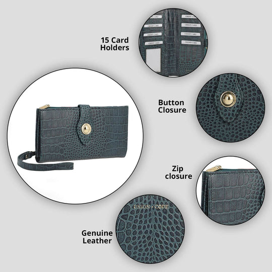 Kroko-geprägte Geldbörse aus 100% echtem Leder mit RFID Schutz, 19x11.4x1.3cm, Braun