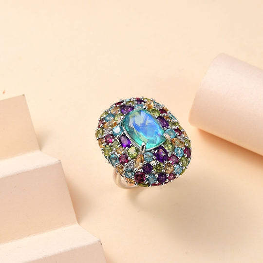 AA Pfau Quarz Triplette, Afrikanischer Amethyst Ring 925 Silber rhodiniert (Größe 16.50) ca. 20,23 ct