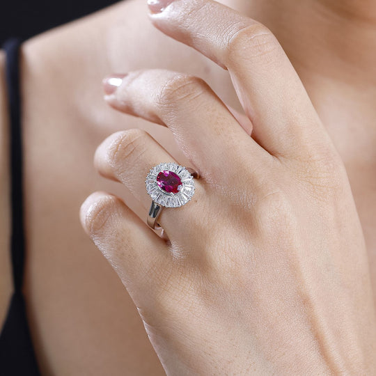 Lab Grown Roter Smaragd (Beryll), Weißer Zirkon Ring 925 Silber rhodiniert (Größe 20.00) ca. 2.22 ct