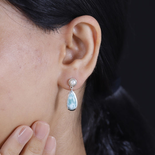 AA Natürlicher grüner Larimar, Süßwasser Perle Ohrringe 925 Silber rhodiniert