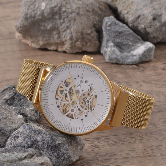 GENOA Automatik Mechanische Uhr mit Weißem Sonnenschein-Hohlzifferblatt und Modernem Minimalistischem Runddesign, goldfarben