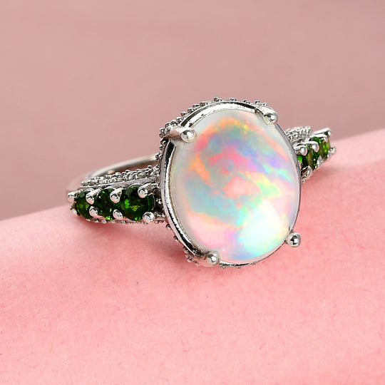 Natürlicher Äthiopischer Opal und Natürlicher Chromdiopsid Ring 925 Silber platiniert (Größe 17.00) ca. 4,64 ct