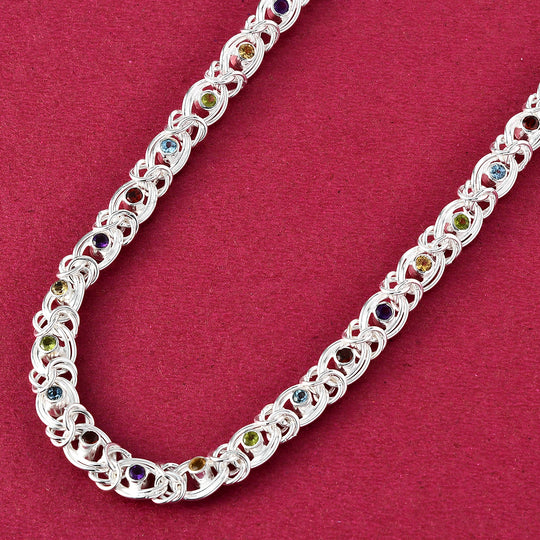 Mehrfarbige, Edelstein Königs-Halskette, 50 cm, 925 Silber (ca. 51,33g) ca. 5.53 ct