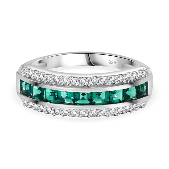 Lab Grown AAA Smaragd, Weißer Zirkon Ring, 925 Silber rhodiniert (Größe 18.00) ca. 1.13 ct