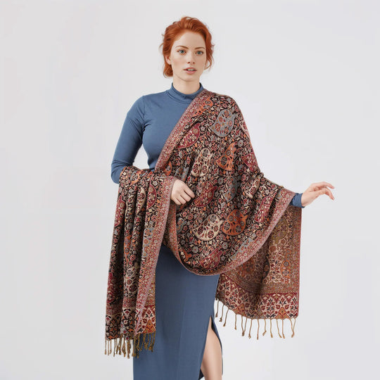Jamawar-Schal, Viskose, 3-Schiffchen-Webung, 70x200 cm, Blumen