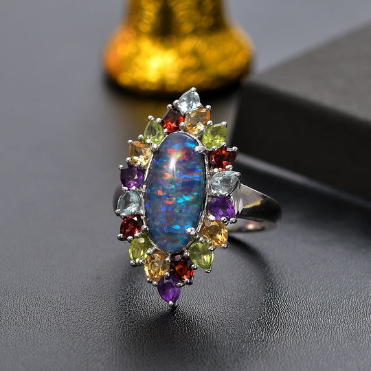Boulder Opal Triplette, Mosambik Granat Ring 925 Silber rhodiniert (Größe 20.00) ca. 6,73 ct