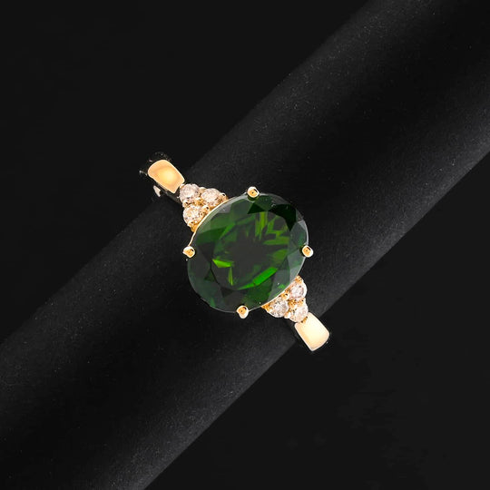 AAA Natürlicher Chromdiopsid, Weißer Diamant Ring, AGI zertifiziert und geprüft, 417 Gelb Gold (Größe 18.00) ca. 3,75 ct
