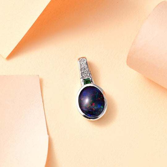 Boulder Opal Triplette, Smaragd Anhänger 925 Silber rhodiniert ca. 1.62 ct