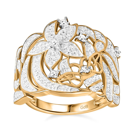 Breiter Blumenring mit Weißer Diamant-Pavé Diamant Ring, Goldton