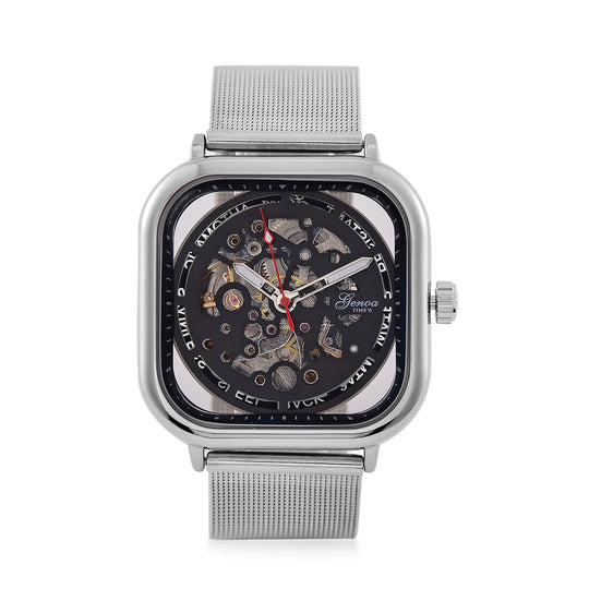 GENOA TIME V2 42mm Automatische Mechanikuhr - Schwarzes hohles Zifferblatt, Gehäuse aus Legierung mit IPS-Beschichtung, Edelstahl-Mesh-Armband, 3 ATM wasserdicht, Reiner Edelstahl 8.5 cm