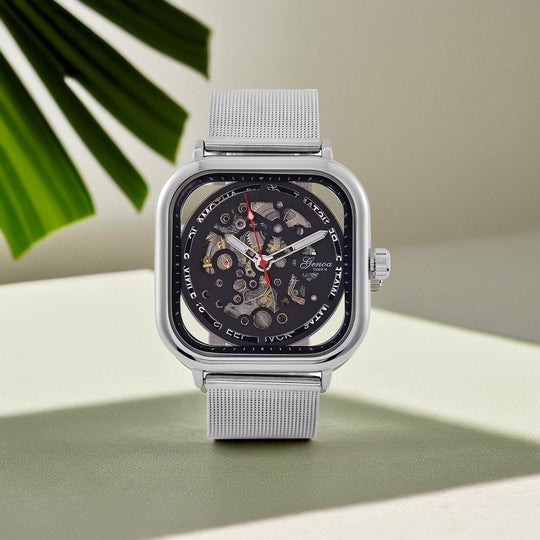 GENOA TIME V2 42mm Automatische Mechanikuhr - Schwarzes hohles Zifferblatt, Gehäuse aus Legierung mit IPS-Beschichtung, Edelstahl-Mesh-Armband, 3 ATM wasserdicht, 8.5 cm, schwarz
