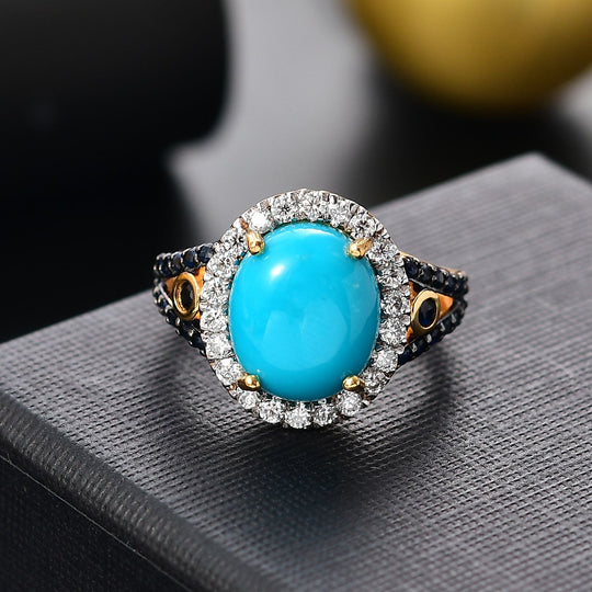AAA Amerikanischer Natürlicher Sleeping Beauty Türkis, Blauer Saphir Ring 925 Silber 750 Gelbgold Vermeil (Größe 21.00) ca. 5.38 ct