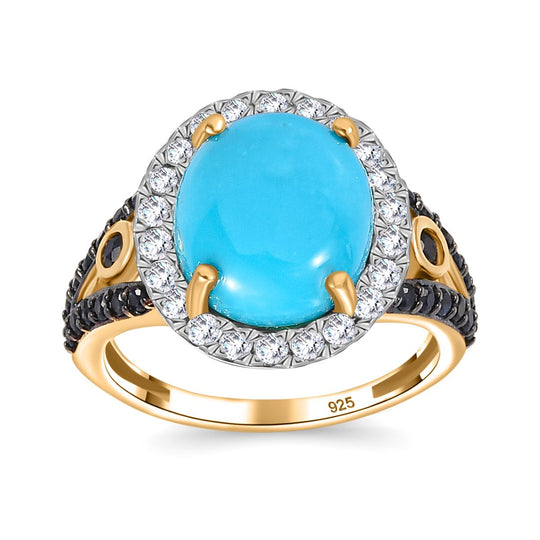AAA Amerikanischer Natürlicher Sleeping Beauty Türkis, Blauer Saphir Ring 925 Silber 750 Gelbgold Vermeil (Größe 21.00) ca. 5.38 ct