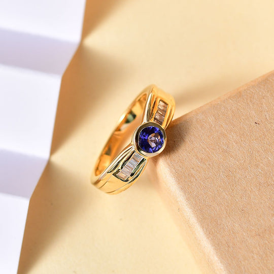 Tansanit, Weißer Zirkon Ring 925 Silber 750 Gelbgold Vermeil (Größe 17.00) ca. 0.82 ct
