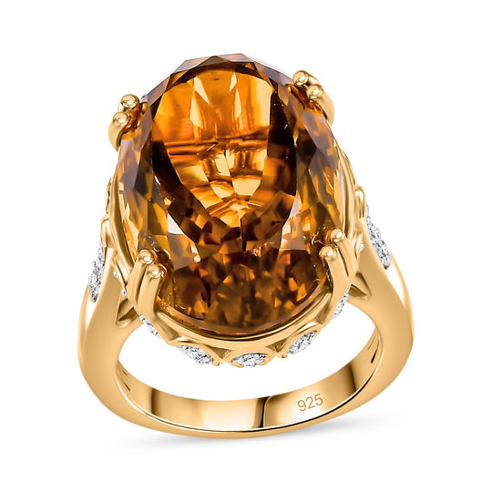 Citrin, Weißer Zirkon Ring 925 Silber 750 Gelbgold Vermeil (Größe 19.00) ca. 20,97 ct