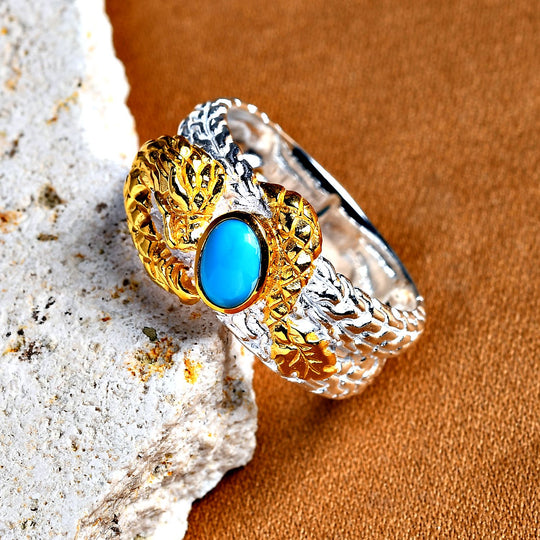 Royal Bali - Amerikanischer Natürlicher Sleeping Beauty Türkis Ring, 925 Silber, 916 Gelbgold Vermeil (Größe 21.00) ca. 0.83 ct