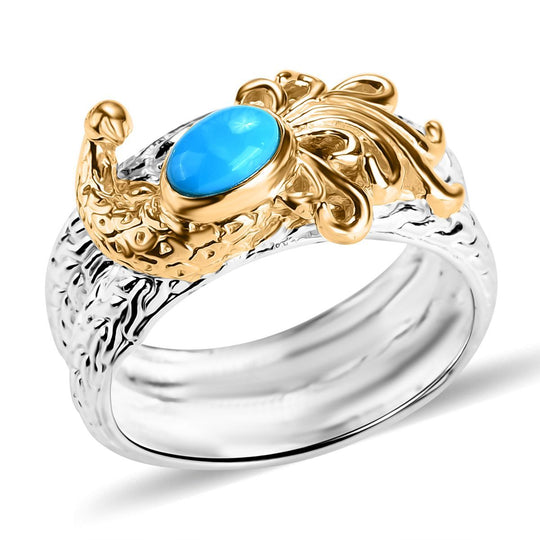 Royal Bali - Amerikanischer Natürlicher Sleeping Beauty Türkis Pfau Ring 925 Silber, 916 Gelbgold Vermeil (Größe 21.00) ca. 0.83 ct