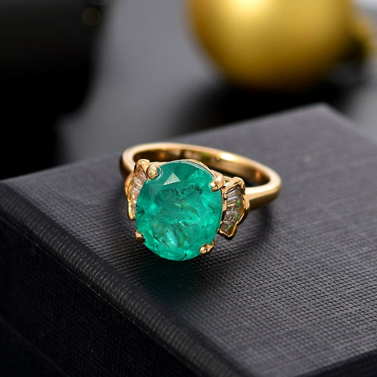 Smaragd-Quarz Triplette, Weißer Zirkon Ring 925 Silber 750 Gelbgold Vermeil ca. 5.74 ct