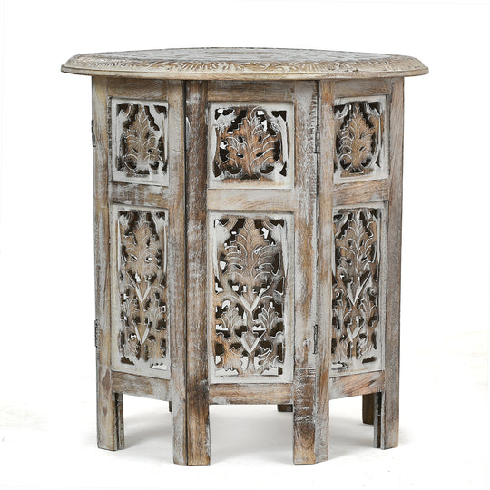 NAKKASHI - Handgefertigter Couchtisch aus Mangoholz mit Metallprägung, Burn-Finish und kunstvoller Schnitzerei, ca. 45x45x45cm, Natur