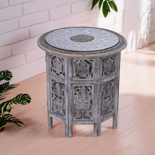 NAKKASHI Mango Holz Couchtisch mit Metallverzierung, 53 x 53 x 53 cm, Weiß