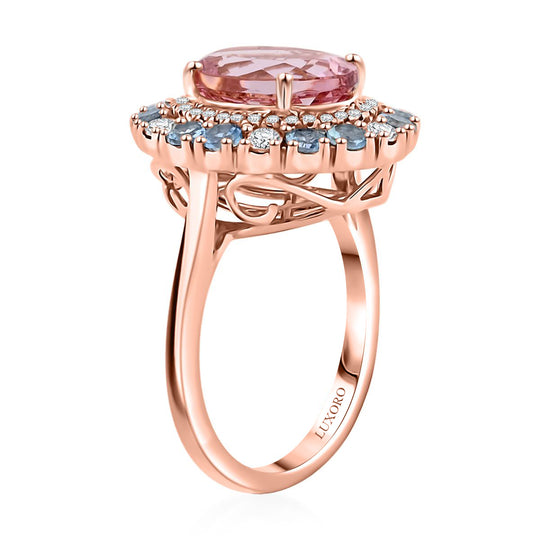 LUXORO zertifizierter und geprüfter AAA Rosa Morganit, Santamaria Aquamarin und I2 Diamant Halo Cocktail Ring in 417 Roségold - 4,85 ct.