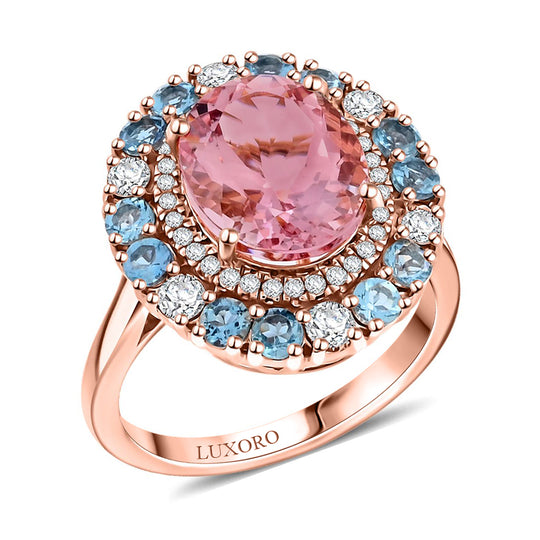 LUXORO zertifizierter und geprüfter AAA Rosa Morganit, Santamaria Aquamarin und I2 Diamant Halo Cocktail Ring in 417 Roségold - 4,85 ct.