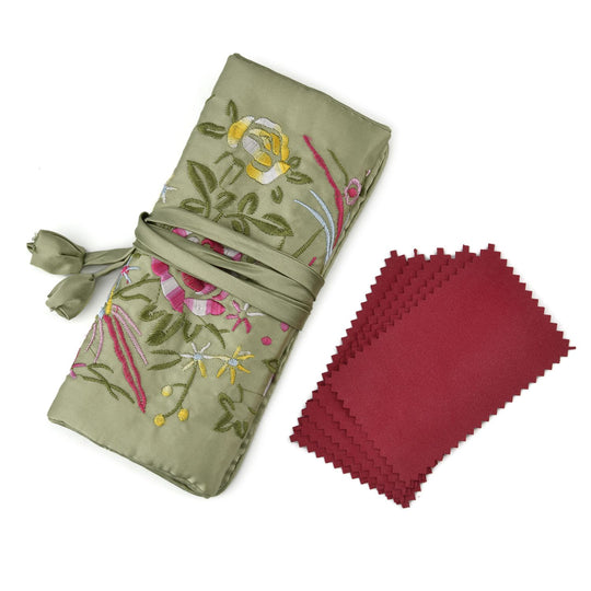 Eleganter Schmuckorganizer aus Satin mit Stickerei und 5 Premium-Poliertüchern, 20 x 9 cm, Orange