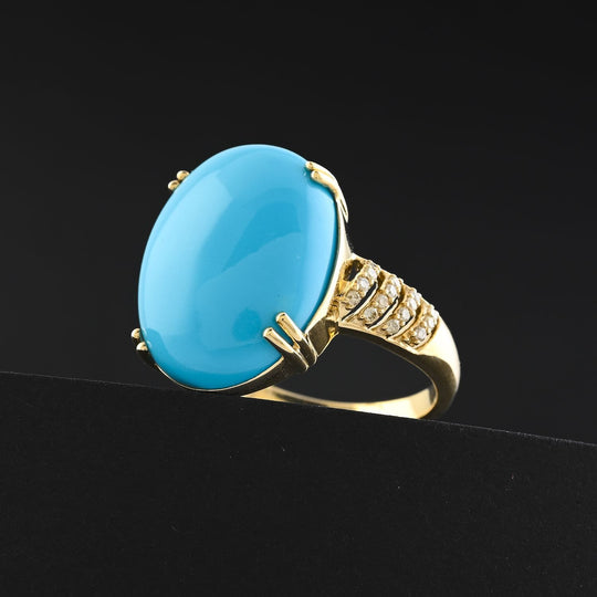 AAA Sleeping Beauty Türkis (Oval 20x15mm), Weißer Diamant Ring 417 Gold (Größe 19.00) ca. 12.85 ct