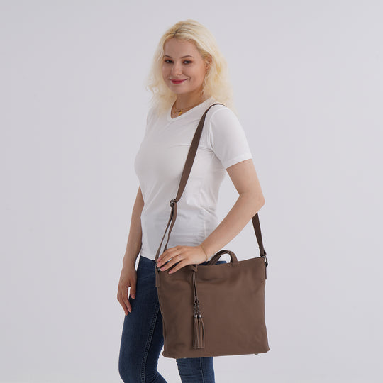 Echtleder-Tote-Bag mit Reißverschlussfach hinten, Doppeltragegriff und Schulterriemen, 35x10x33 cm, Braun