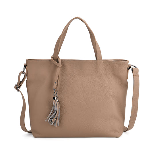 Echtleder-Tote-Bag mit Reißverschlussfach hinten, Doppeltragegriff und Schulterriemen, 35x10x33 cm, Braun