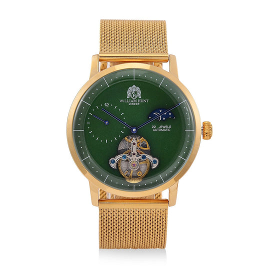 William Hunt Automatik-Uhr - IP-schwarzbeschichtetes Edelstahlgehäuse, weißes Multifunktionszifferblatt mit gewölbtem Glas, Edelstahl-Mesh-Armband, Glasboden, 5 ATM wasserdicht, Reiner Edelstahl