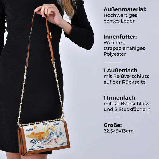 GRAND PELLE - Umhängetasche aus echtem Leder mit Blumen-Gitterstickerei, mit Henkel und Schulterriemen, 23x9x13?cm, Blau