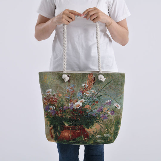 Jacquardgewebte Tasche aus Jute mit Futter, Reißverschluss und verstellbarer Kordel Riemen, 42 x 37 x 34 cm, Blumen