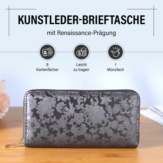 Brieftasche mit Renaissance-Prägung, RFID-Schutz, Münzfach und 8 Kartenfächern, 20 x 10 x 3 cm, silber