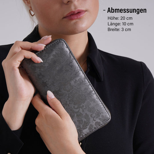 Brieftasche mit Renaissance-Prägung, RFID-Schutz, Münzfach und 8 Kartenfächern, 20 x 10 x 3 cm, silber