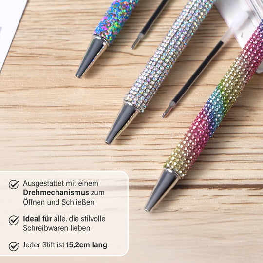 3er-Set Kugelschreiber mit Strassbesatz und Diamantspitze, inkl. 3 blauer Ersatzminen, 15cm,, Mehrfarbig