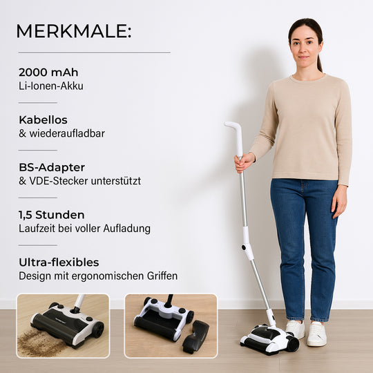 Homesmart Elektrischer Power-Sweeper mit Wischfunktion, kabellos, 2 Geschwindigkeiten, 250 ml Staubbehälter, 29x20x109 cm, Wiederaufladbar
