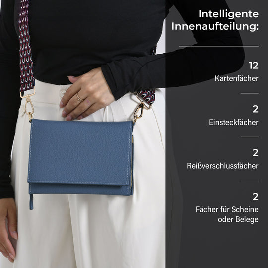 Crossbody-Tasche mit Überschlag und modischem Gliederriemen, Leder, RFID-Schutz, ca. 20x4x14 cm
, Blau