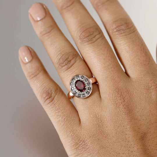 Natürlicher Rhodolith Granat, Weißer und Champagner Zirkon Ring 925 Silber 750 Roségold Vermeil (Größe 19.00) ca. 2.37 ct