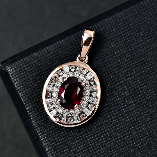 Natürlicher Rhodolith Granat, Weißer und Champagner Zirkon Anhänger 925 Silber 750 Roségold Vermeil ca. 2.28 ct