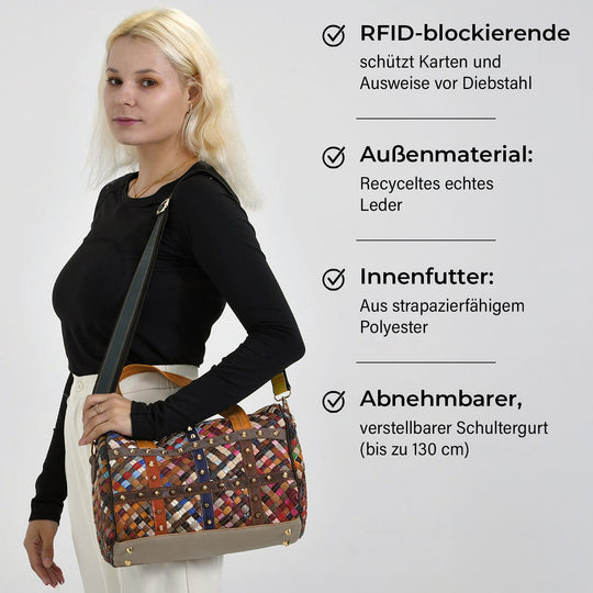 Chaos by Elsie, Crossbody-Tasche aus echtem Leder, Multicolor, mit RFID-Schutz und Mini-Taschenlampe, ca. 31,5 x 17,5 x 19,5 cm